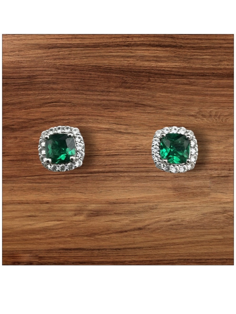 Green Radiant -Cut Cushion Halo Stud Earrings (Sterling Silver}